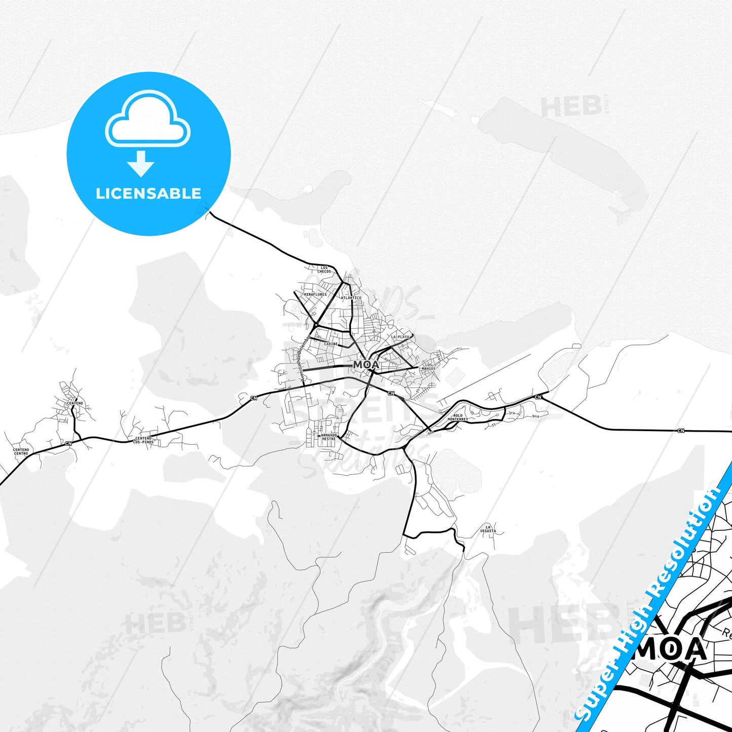 Moa, Cuba Light Map with Street Names, City Names, and Districts
