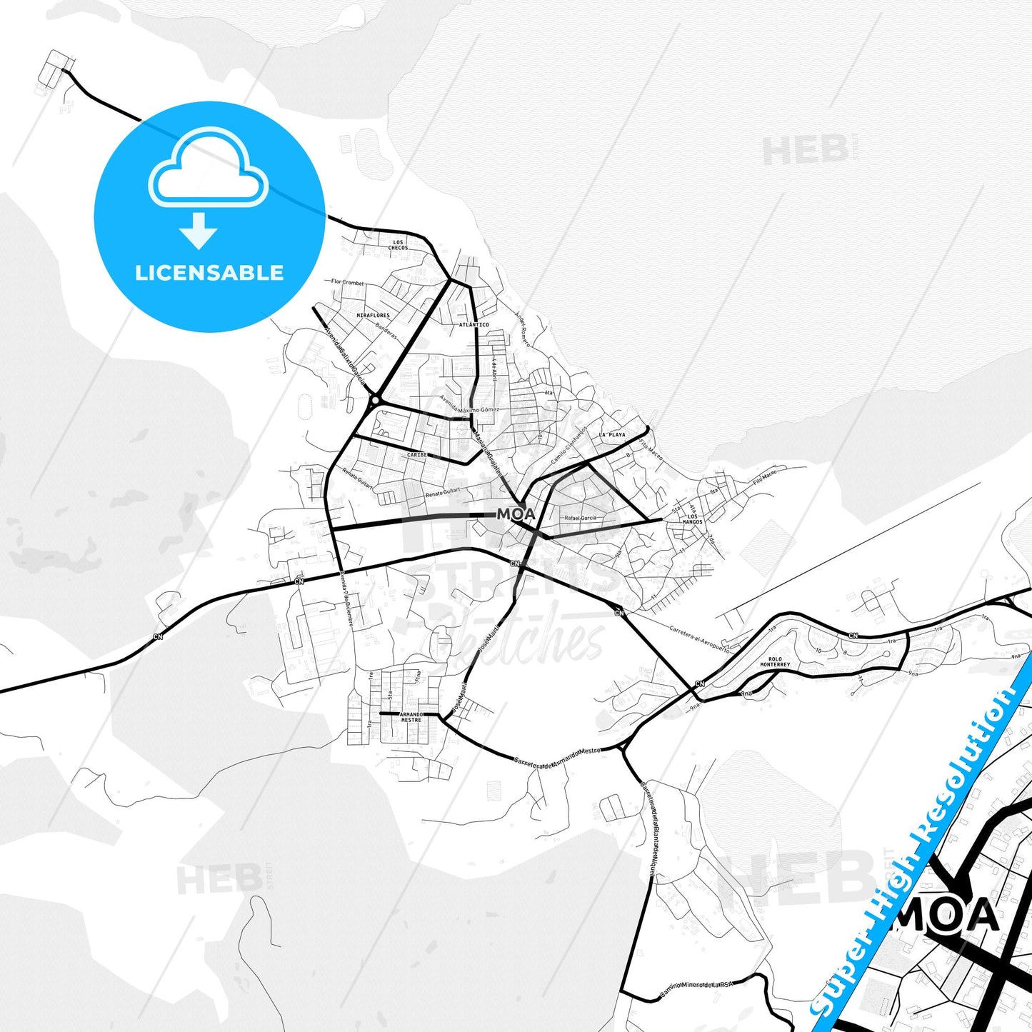 Moa, Cuba Light Map with Street Names, City Names, and Districts
