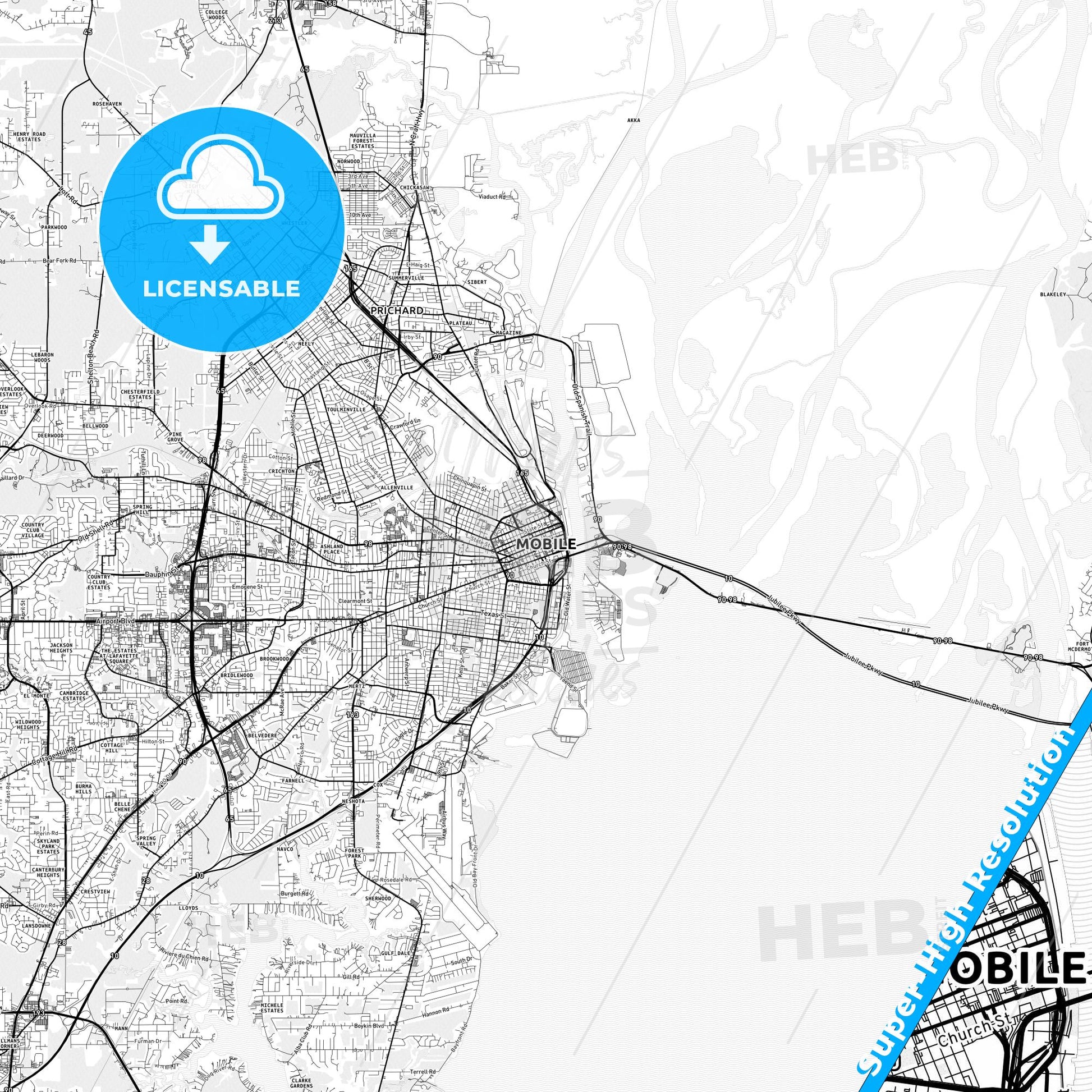 Mobile, Alabama light map with streetnames, citynames and districts