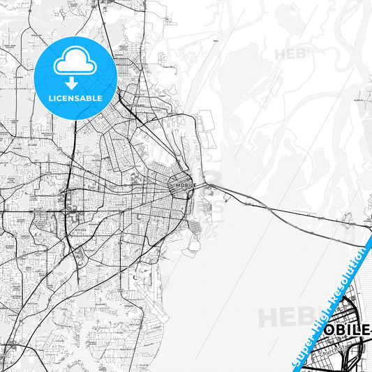 Mobile, Alabama light map with streetnames, citynames and districts