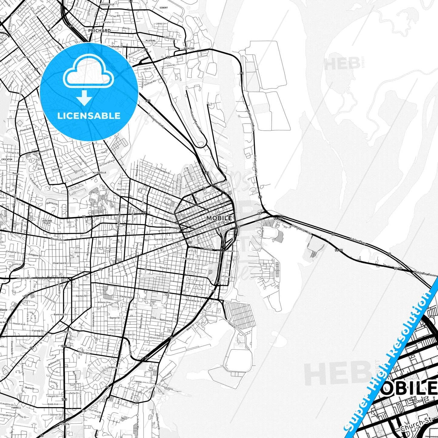 Mobile, Alabama Light Map with Street Names, City Names, and Districts