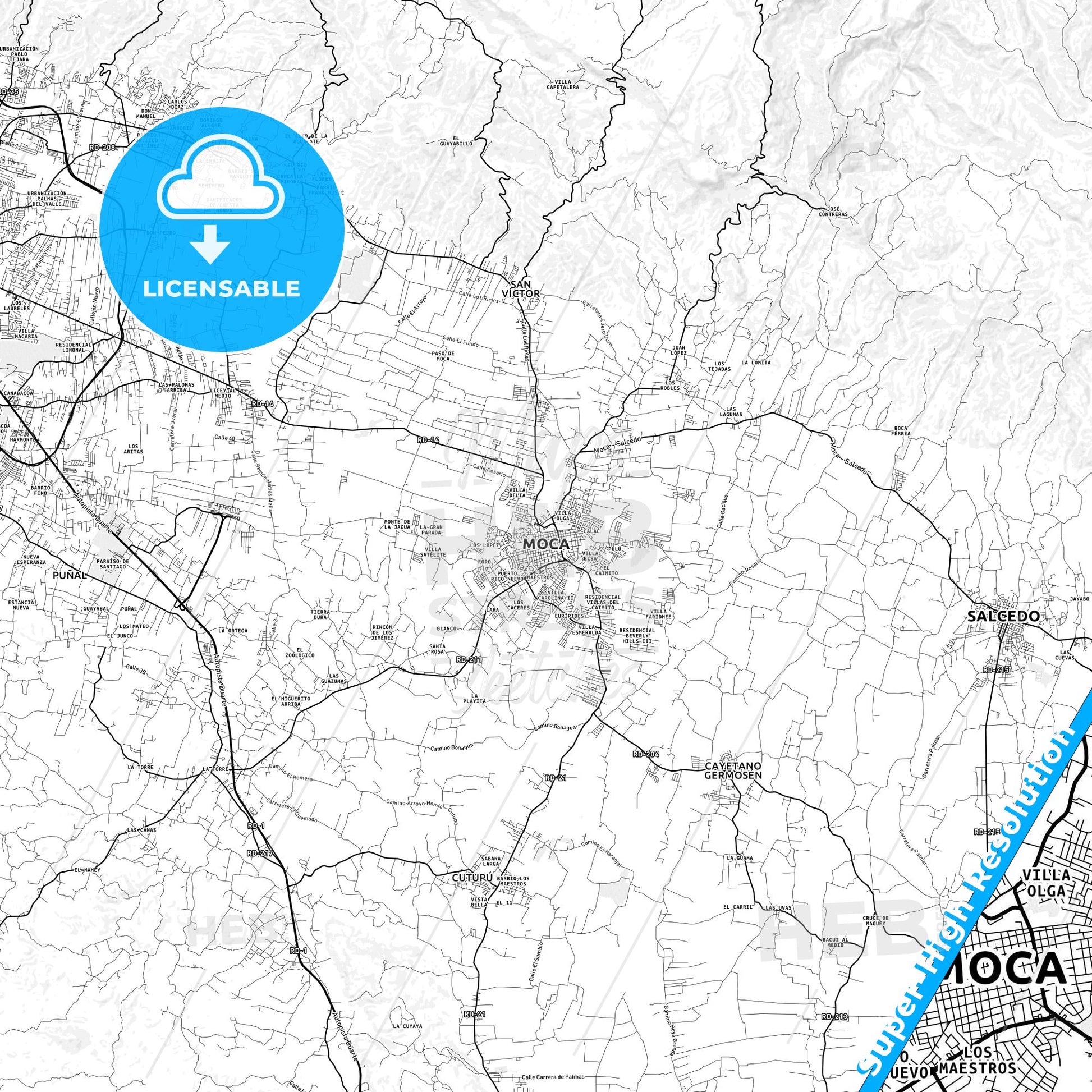 Moca, Dominican Republic light map with streetnames, citynames and districts