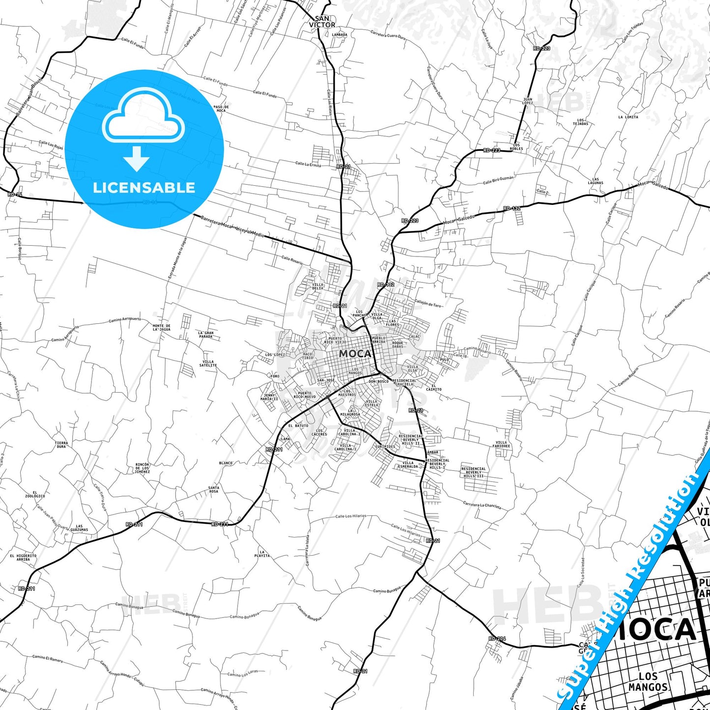 Moca, Dominican Republic Light Map with Street Names, City Names, and Districts