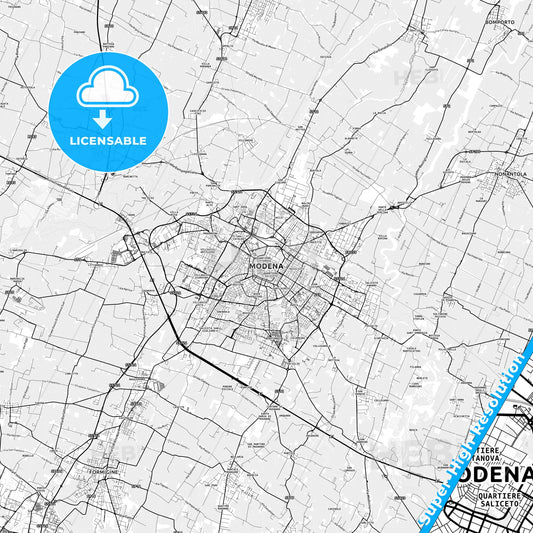 Modena, Italy light map with streetnames, citynames and districts