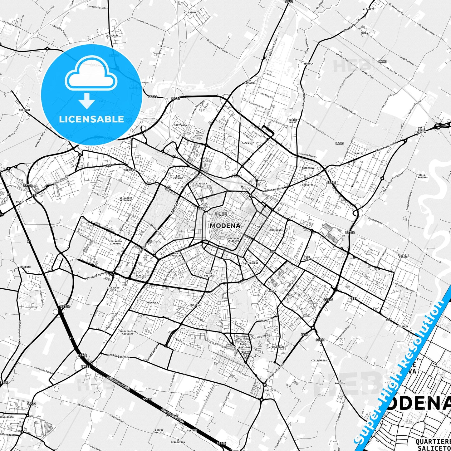 Modena, Italy Light Map with Street Names, City Names, and Districts