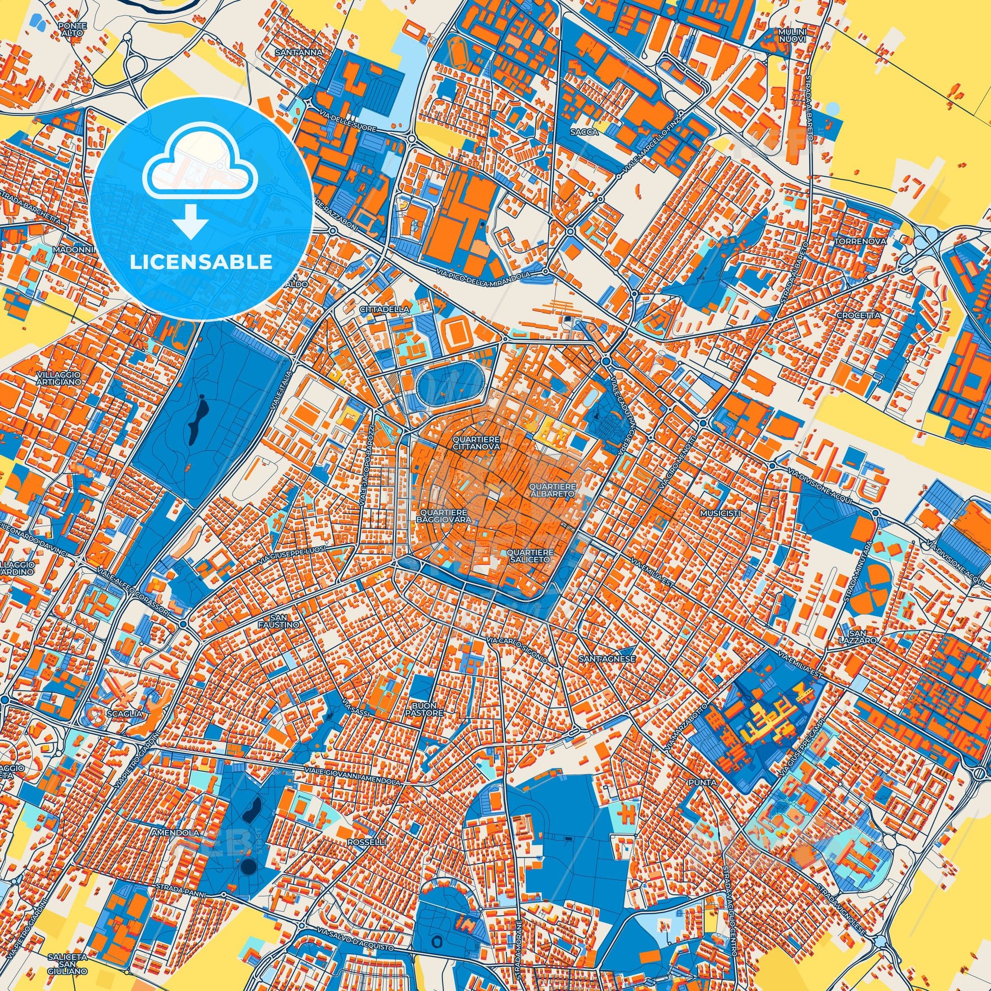 Colorful Modena Street Map with Labels and Buildings