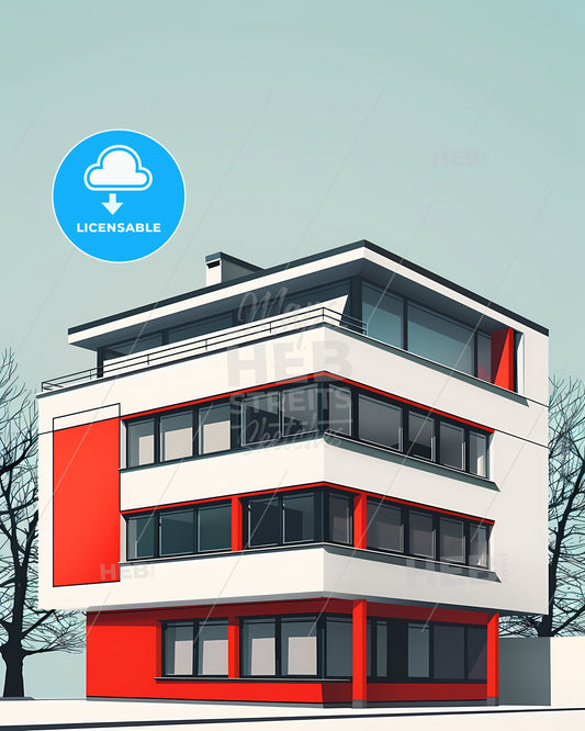 Minimalist flat artwork in Bauhaus style with bold red and white colours, featuring a single-storey building with geometric shapes