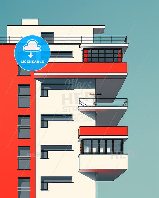 Colorful Bauhaus Architecture Painting: Bold Geometry and Vibrant Colors in 1-Story Modernism
