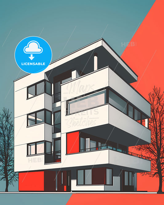 Abstract Bauhaus Poster Style Architecture Painting, Vibrant Building in Nature
