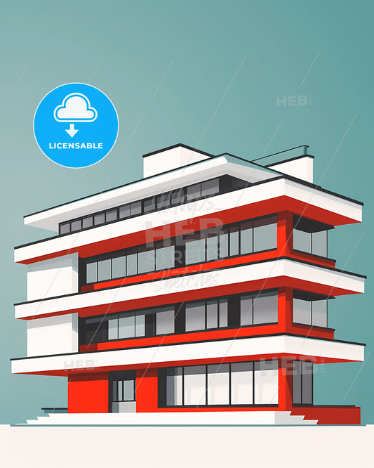 Modern Art Poster: Bauhaus-inspired Building with Vibrant Colors, Geometric Lines and Windows