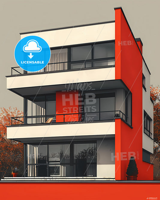 Vibrant Bauhaus-Style Building Painting: Flat Geometric Red and White Wall Art