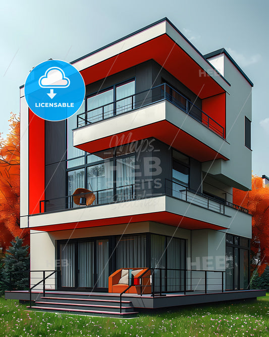 Bold Bauhaus Building Art: Vibrant, Colorful, Geometric, Flat, Architectural Poster, Minimalist, Modern, Trees