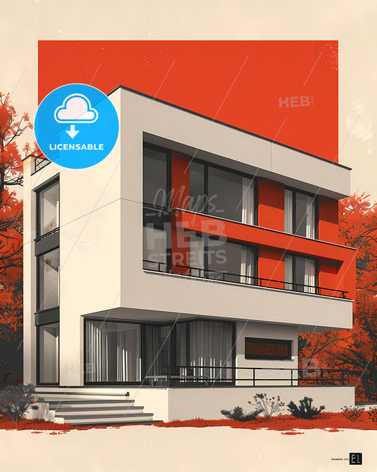 Modern Bauhaus Poster Painting Vibrant Red and White Building Clear Geometry Flat Style