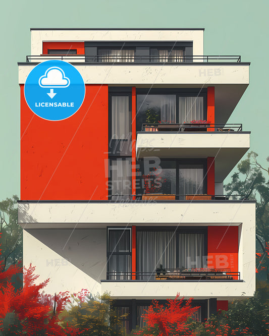 Modernist Art Deco Style Painting Depicting a 1-Story Building with Red and White Walls and Geometric Shapes