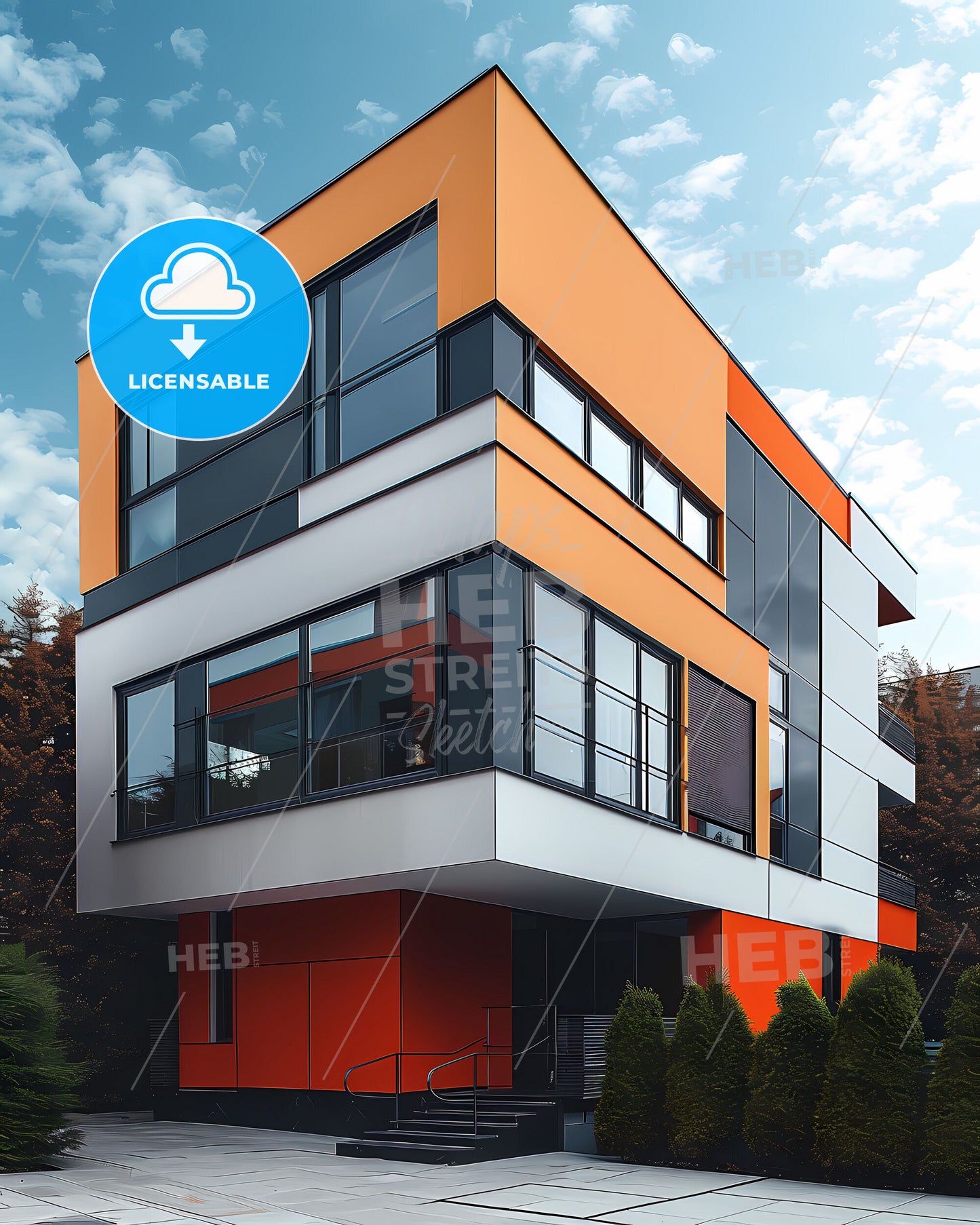 Minimalist art Bauhaus architecture painting, Abstract shapes, geometric composition, flat colors, modern building, colourful poster design, corner, trees
