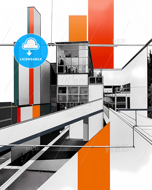 Bauhaus Architecture Painting Stripes Orange White Geometric Poster Art Decor