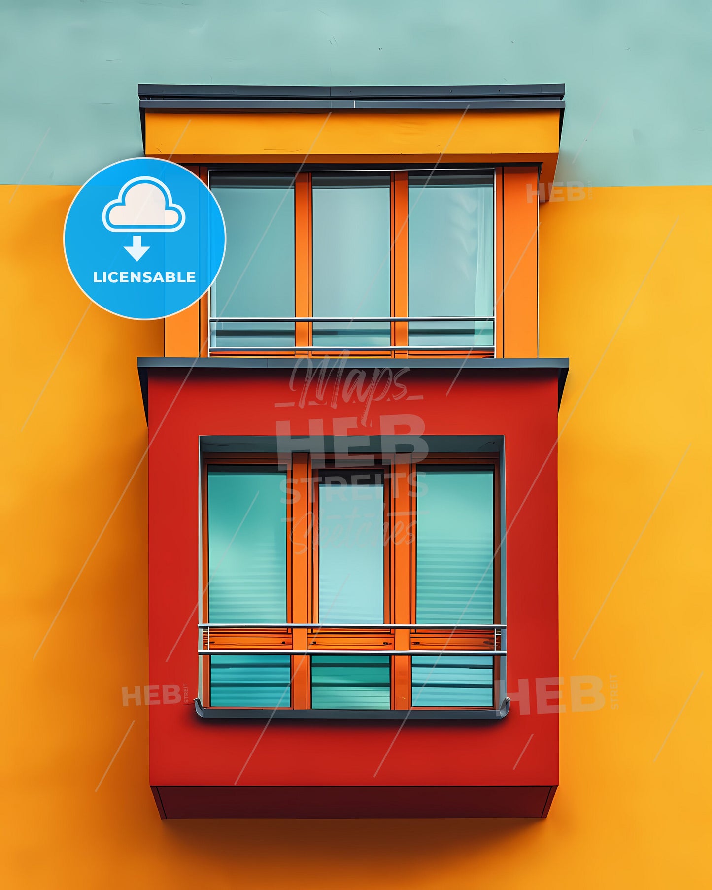Vibrant Bauhaus Building Painting with Balcony, Geometric Abstract Art Poster in Minimalist Style