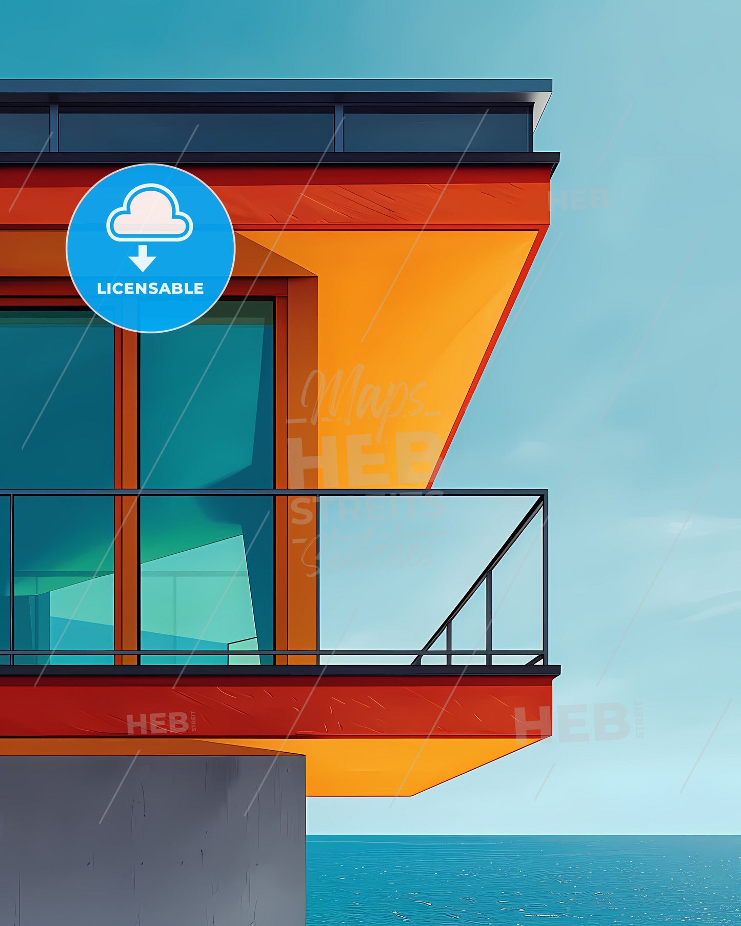 Bauhaus-inspired abstract art, geometric balcony, vivid colors, minimalist design, art print