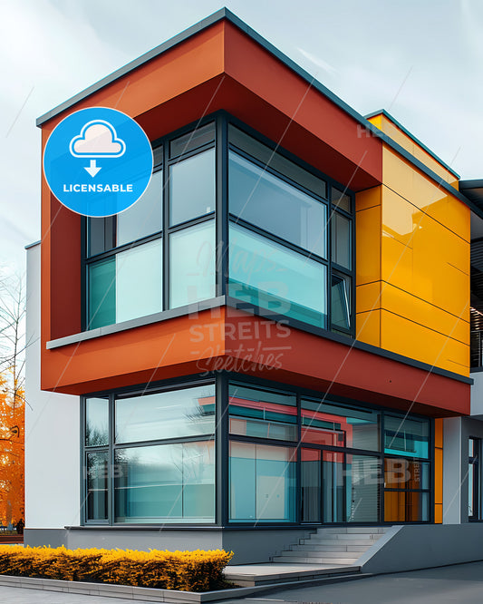 Vibrant Bauhaus Painting: Corner of a Geometric Architectural Masterpiece with Flat Minimalist Style and Bright Colors