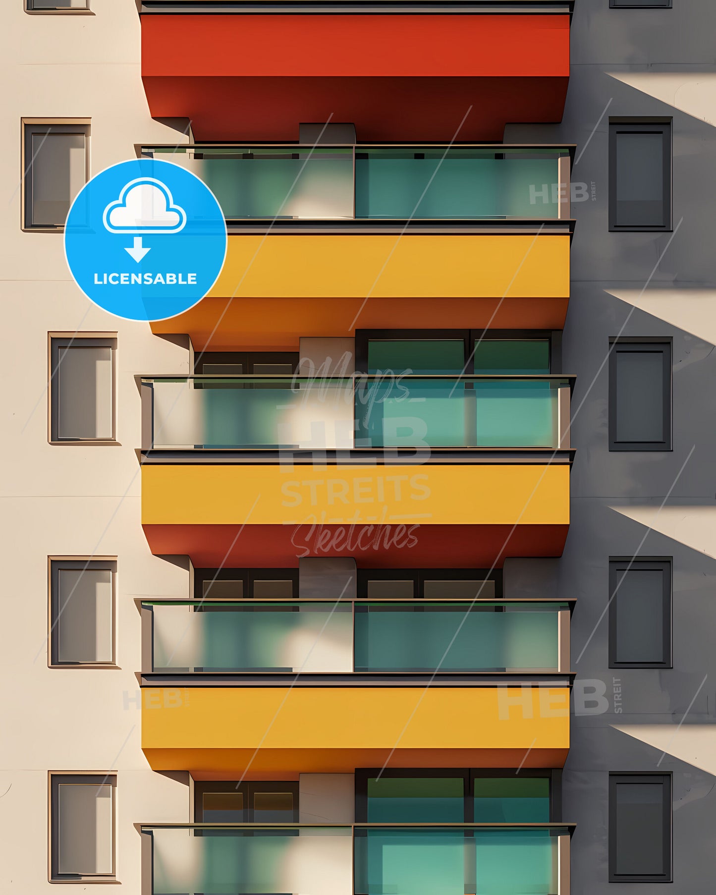 Bauhaus architecture painting, graphic art, geometry, bright colors, minimalism, flat, abstract, balconies
