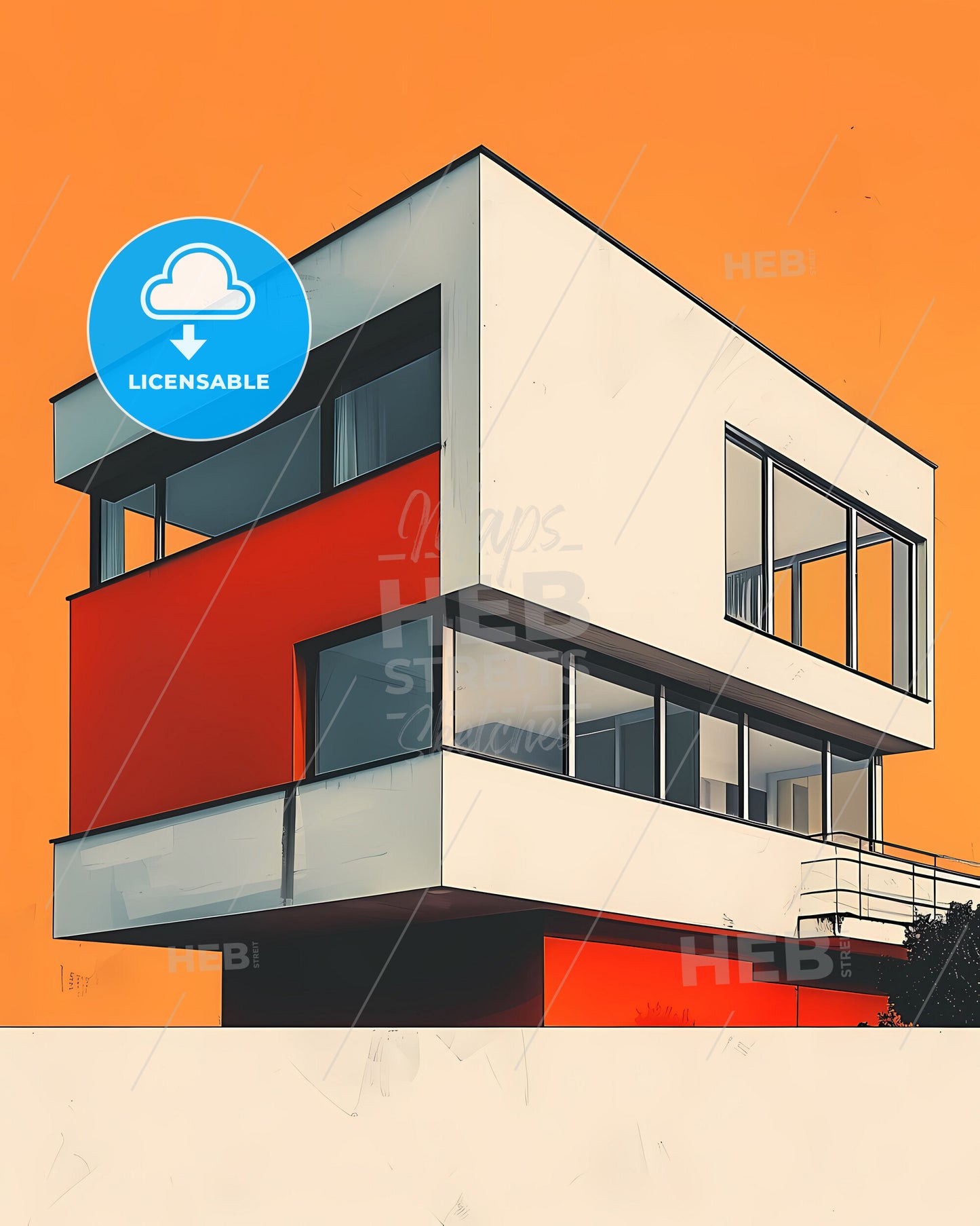 Bauhaus Building Abstract Art Geometric Lines Flat Colors Balcony Modern Vibrant