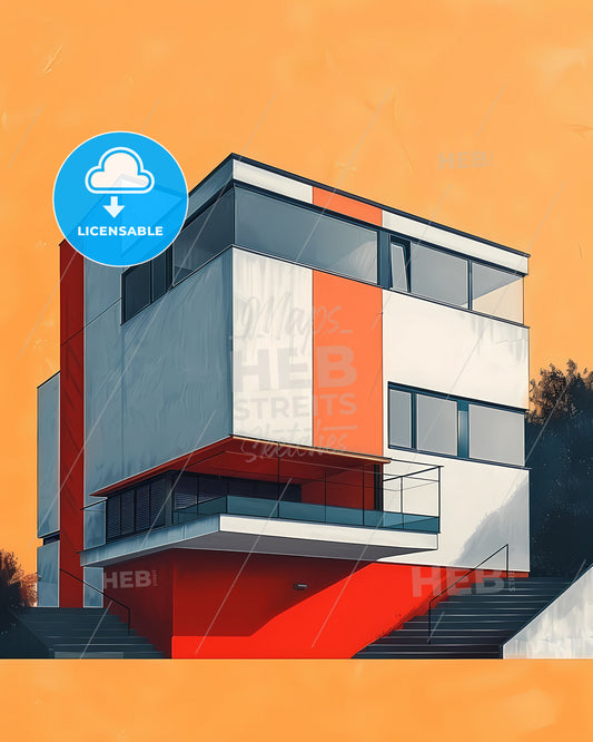 Flat Geometric Bauhaus Architecture Building in Vibrant Color Style, Highlighting Stairs and Trees
