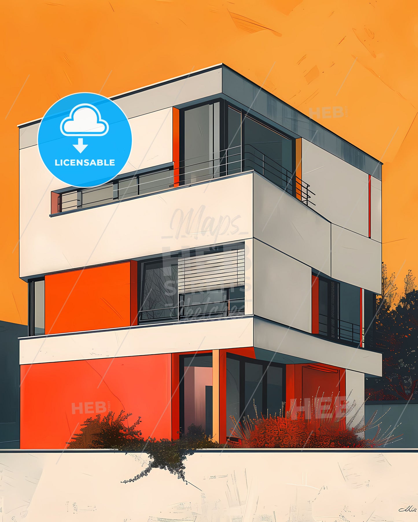 Bauhaus Architecture Poster, Geometric Art, Primary Colors, Red Wall, Contemporary Art