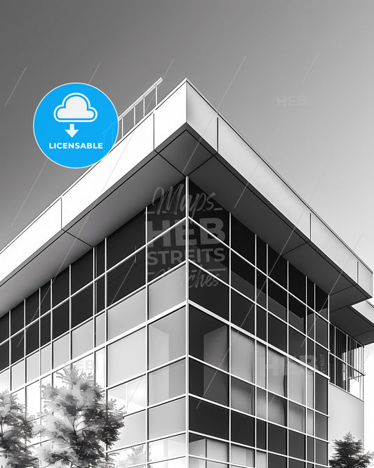 Black and White High School Architecture Design Icon, Black Background, Building with Windows, Tree