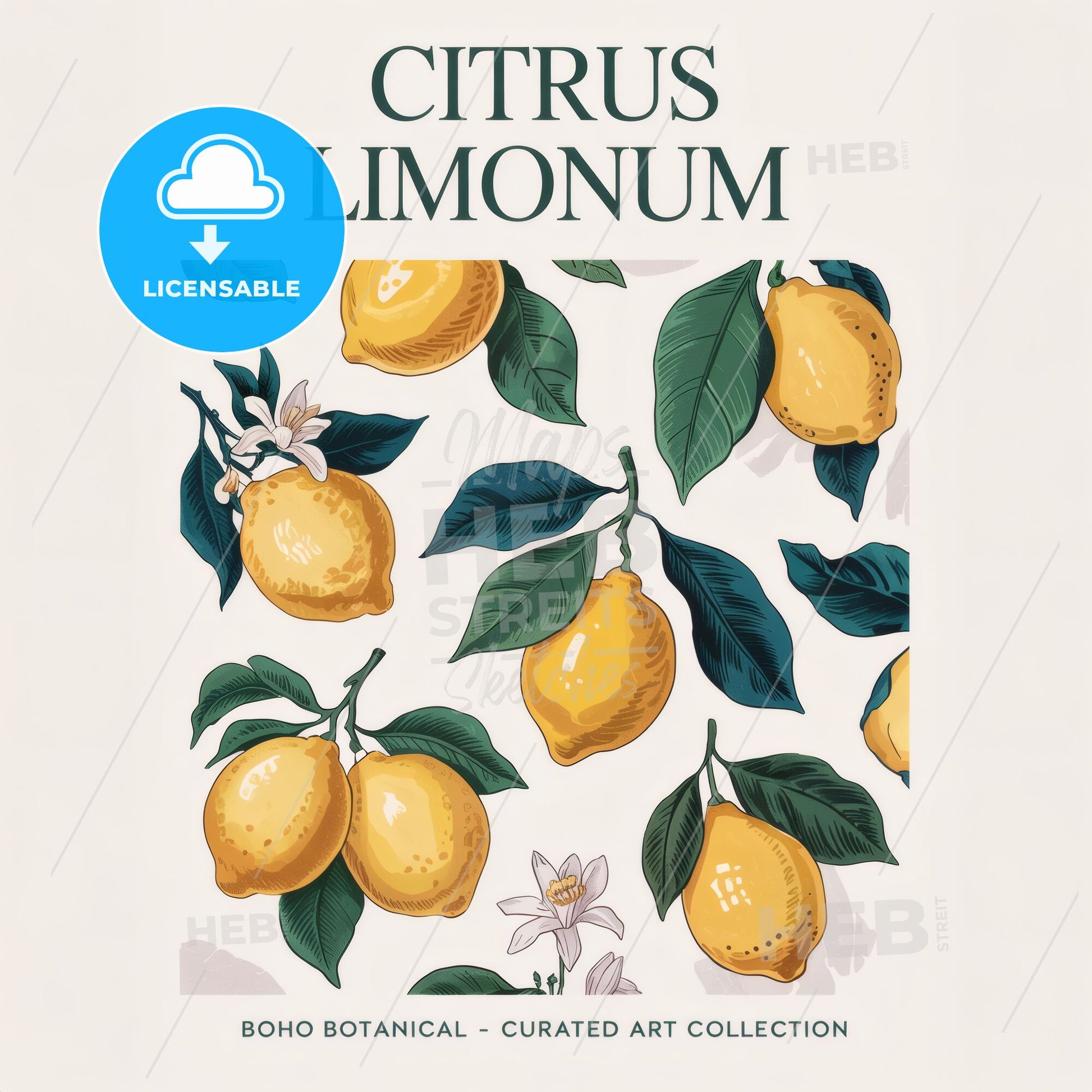 Modern Citrus Elegance: Lemon & Leaf Botanical Art Print for Stylish Spaces