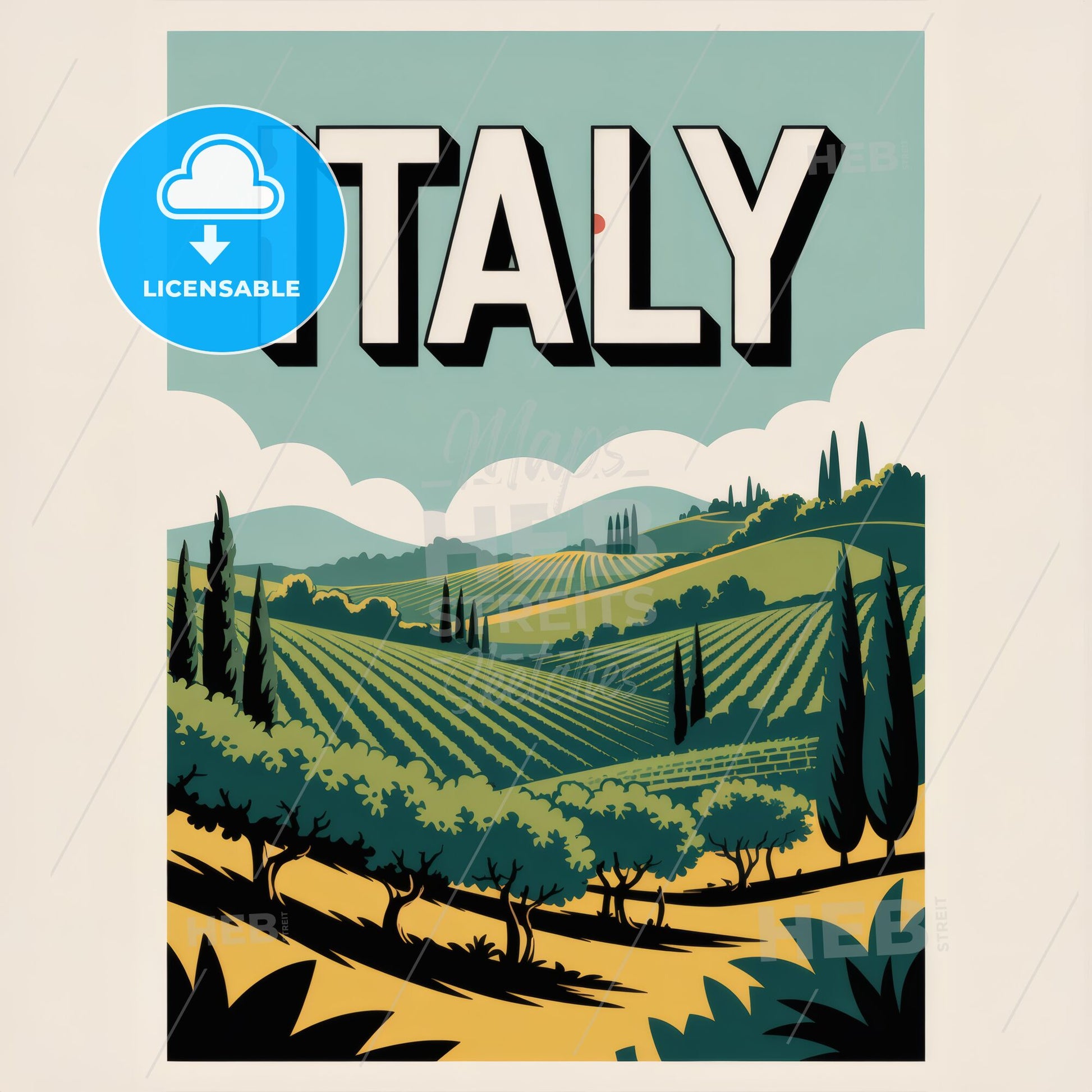 Modern Italian Countryside: Stylish Vineyard Artwork in Mint Green & 3D Letters