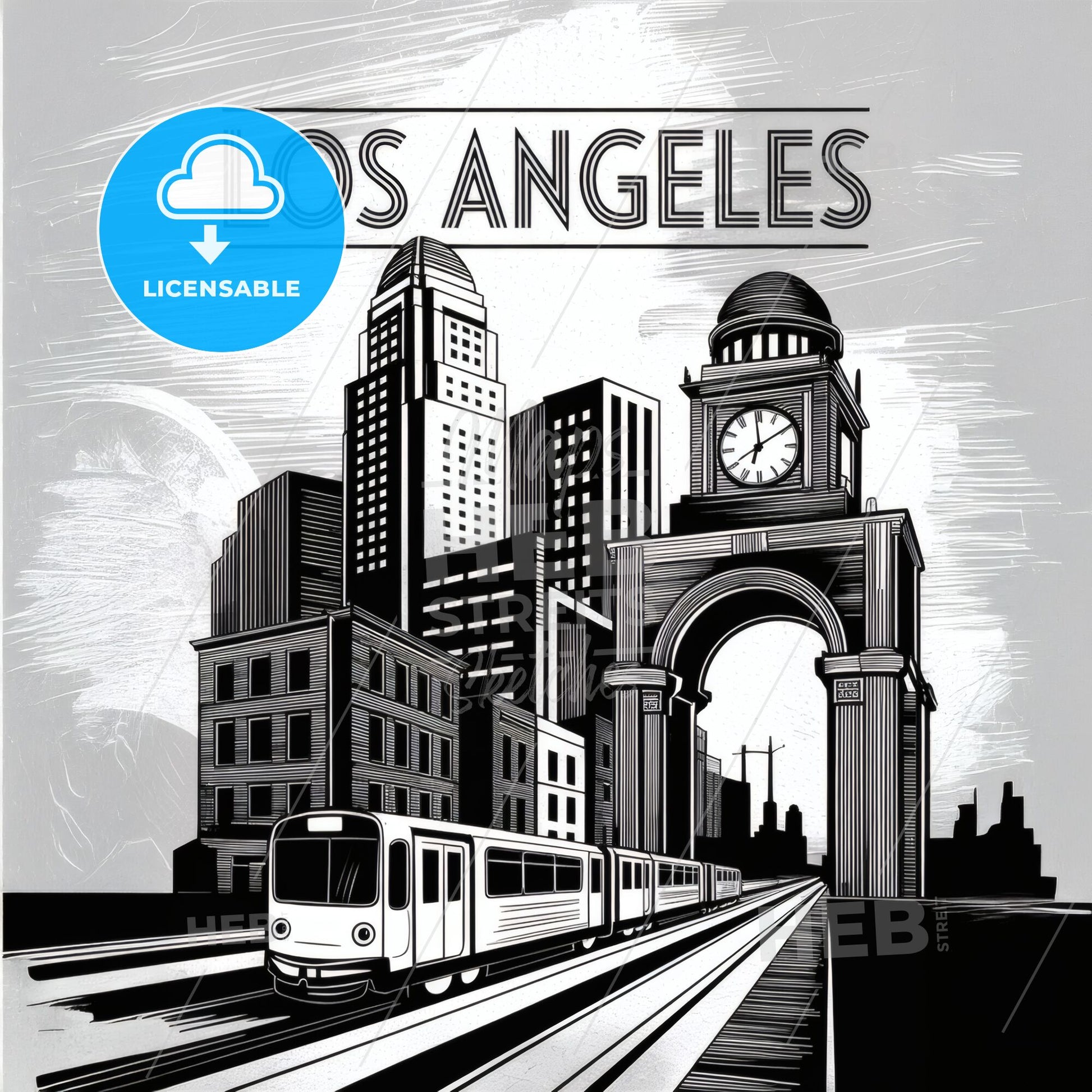 Modern Linocut Los Angeles Skyline: Bold Black & White Cityscape Art Print