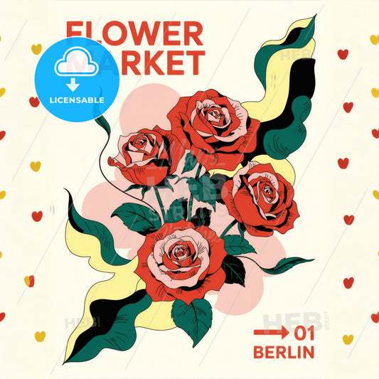 Modern Minimalist Floral Art Print - Red Flowers & Green Leaves - FLOWER MARKET