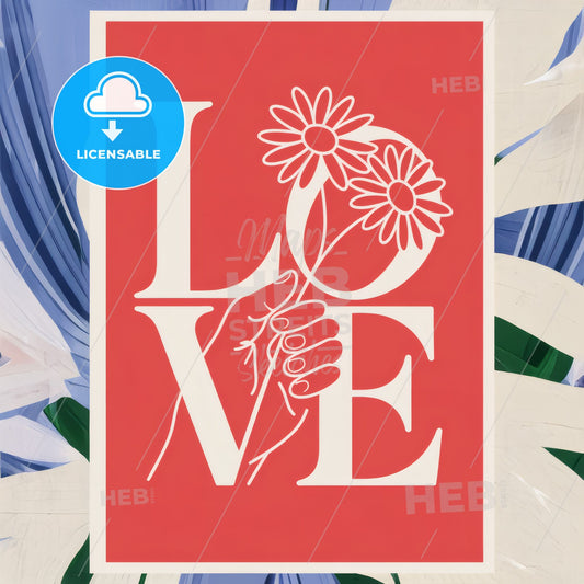 Modern Minimalist Love: Hand-Drawn Line Art with Daisies on Bold Red Background