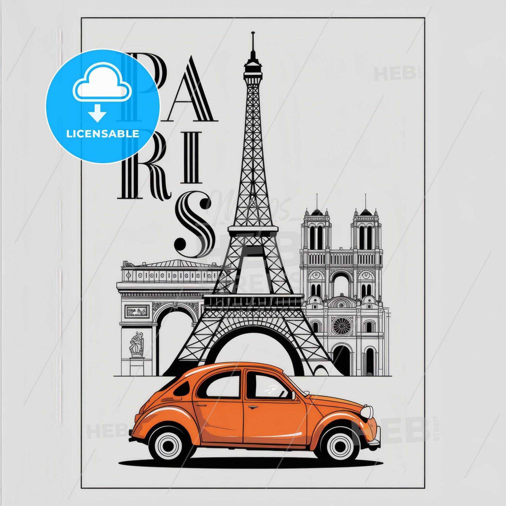 Modern Paris: Elegant Black & White Landmark Illustration with Vintage Citroën