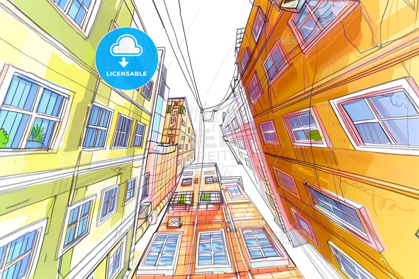 Futuristic Urbanization: Hand-Drawn Cartoon Illustration of High-Rise Buildings, Sky, and Vibrant Art