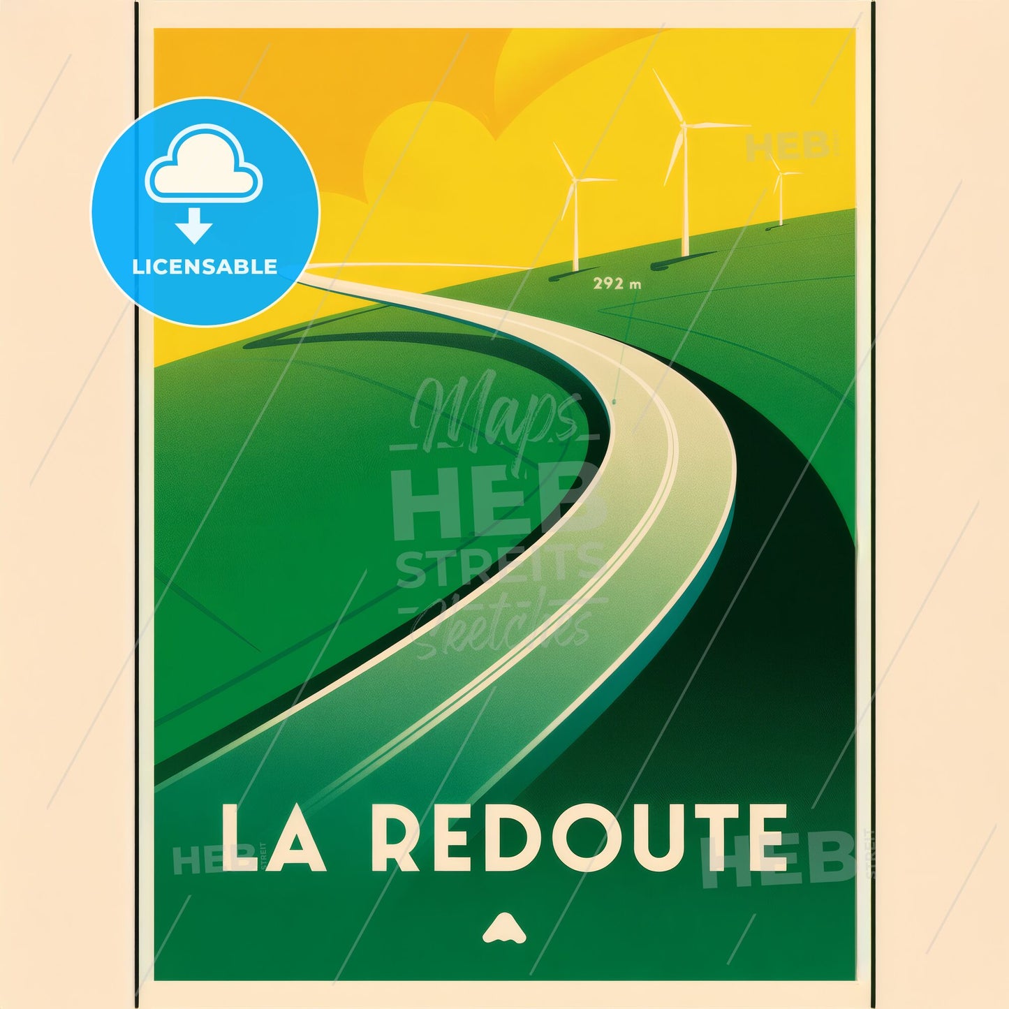 Modernist Minimalist Mountain Road Poster: Vibrant Yellow Sky & Green Hillside