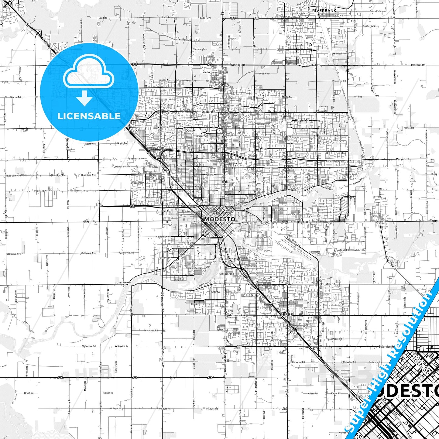Modesto, California light map with streetnames, citynames and districts