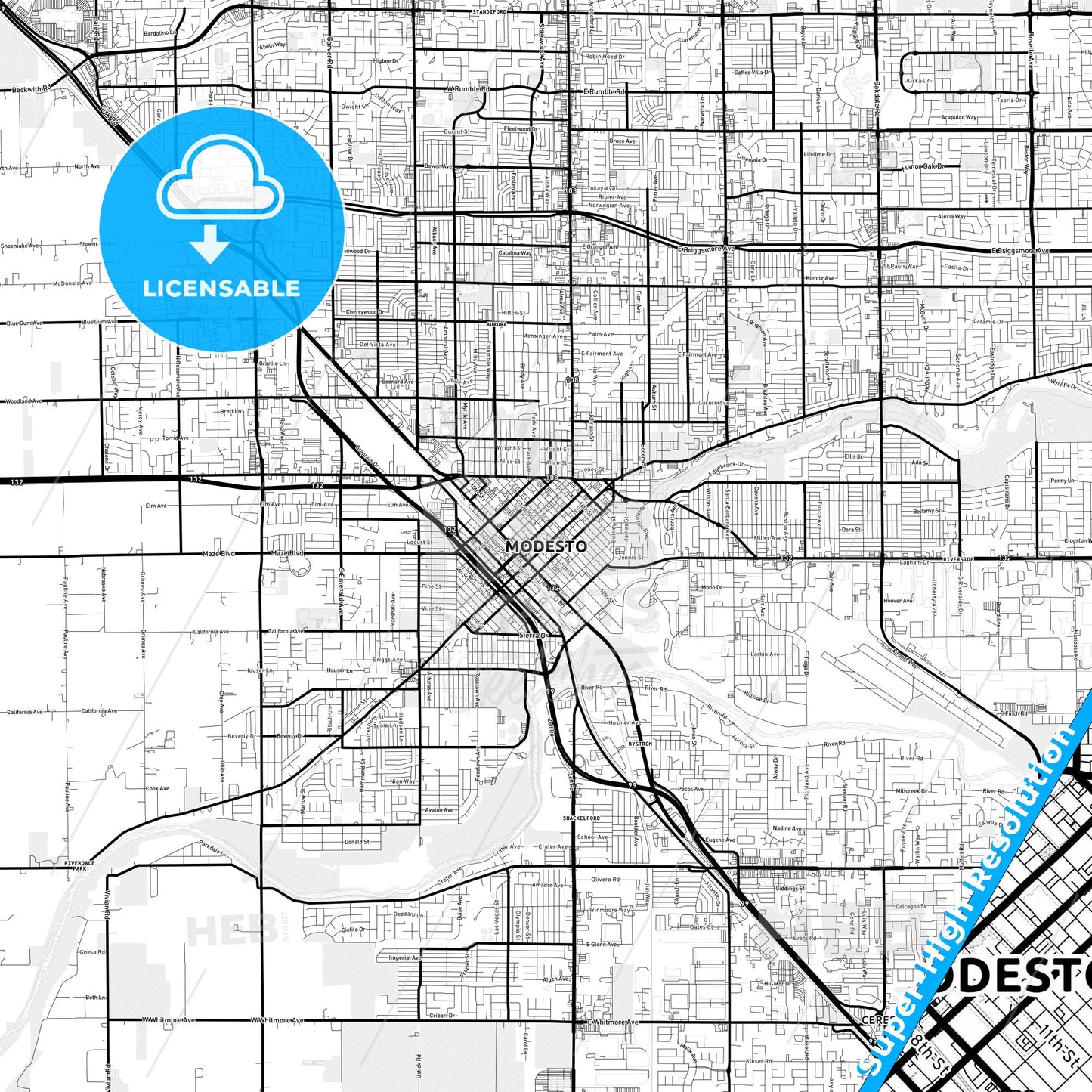 Modesto, California Light Map with Street Names, City Names, and Districts
