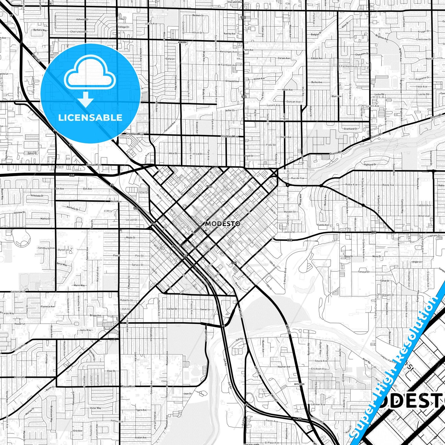 Modesto, California Light Map with Street Names, City Names, and Districts