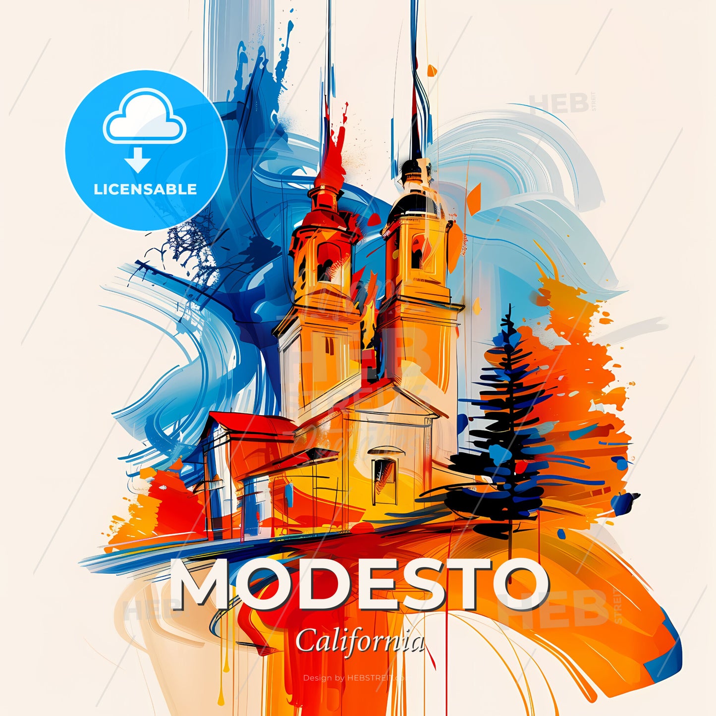 Vibrant Modesto, California - A Painting Of A Church - Square format print template