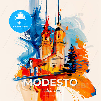 Vibrant Modesto, California - A Painting Of A Church - Square format print template