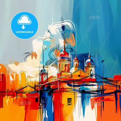 Vibrant Modesto, California - A Painting Of A Building With A Colorful Background