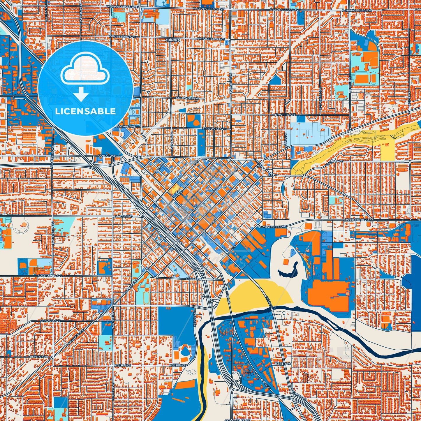 Colorful Modesto Street Map with Labels and Buildings