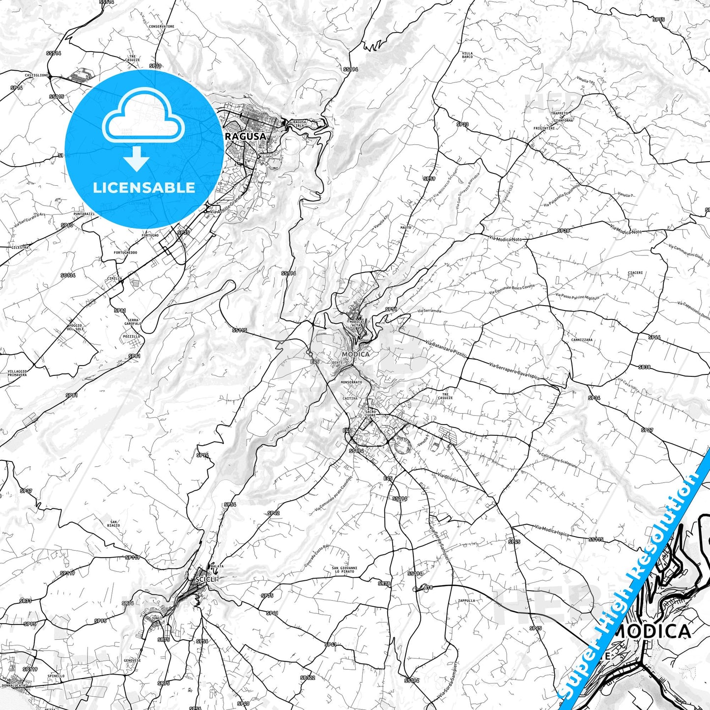 Modica, Italy light map with streetnames, citynames and districts