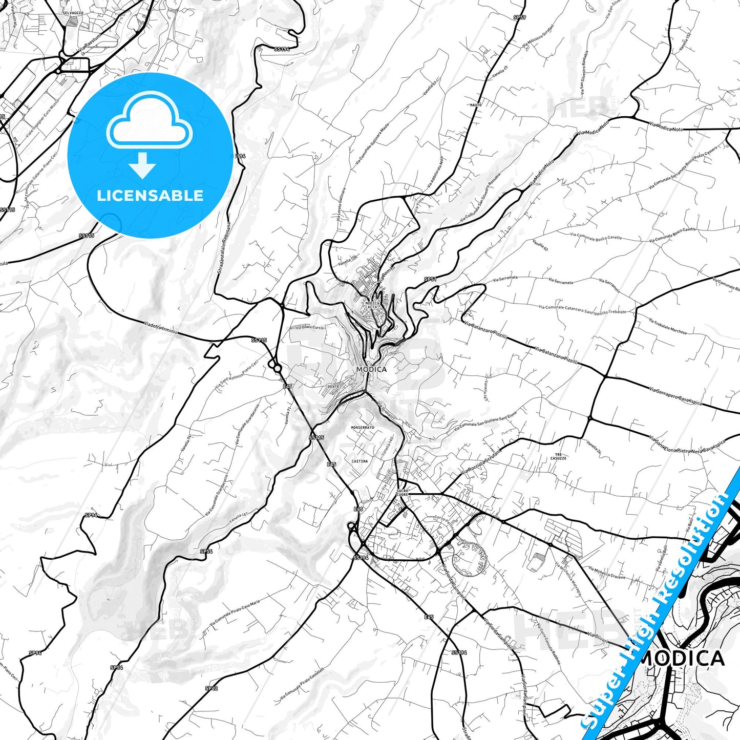 Modica, Italy Light Map with Street Names, City Names, and Districts