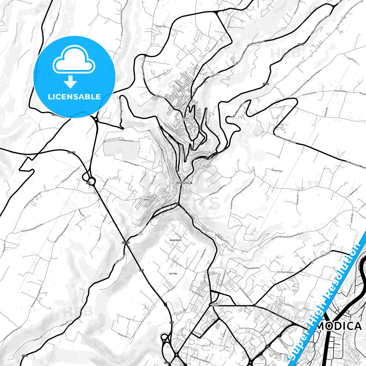 Modica, Italy Light Map with Street Names, City Names, and Districts