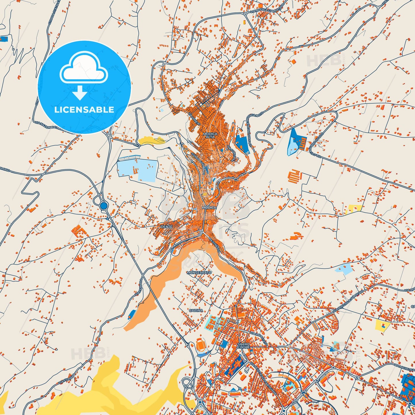 Colorful Modica Street Map with Labels and Buildings