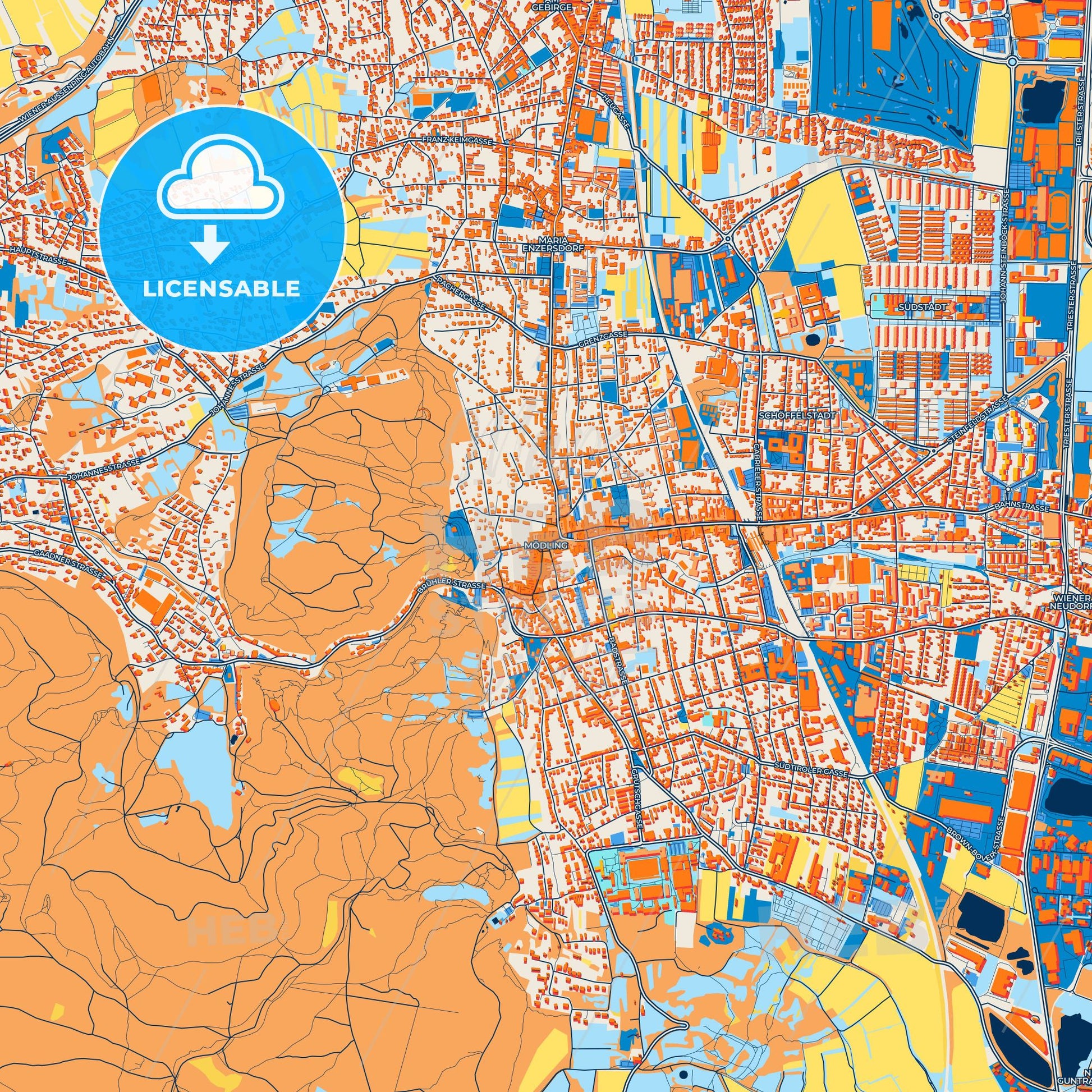 Colorful Mödling Street Map with Labels and Buildings