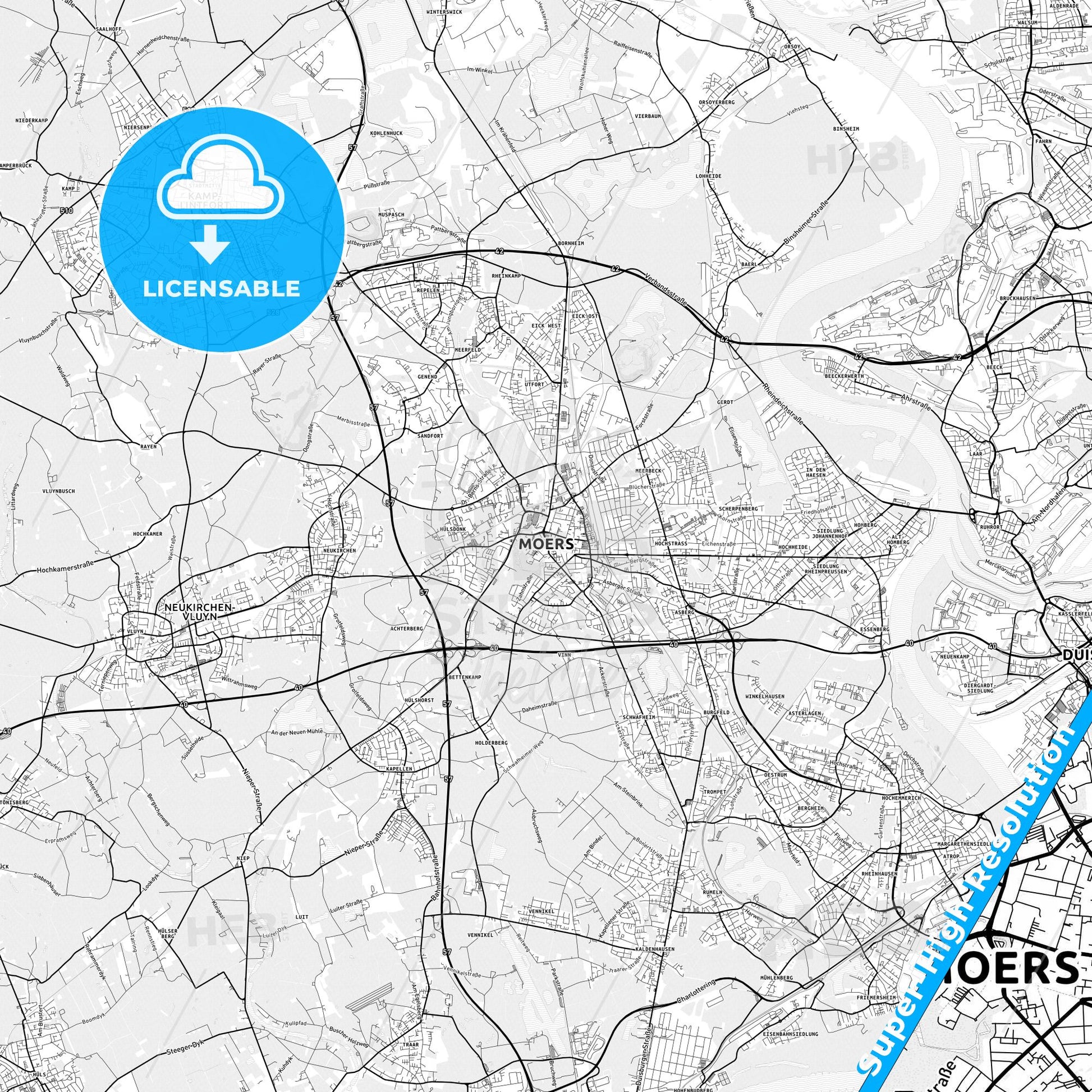 Moers, Germany light map with streetnames, citynames and districts