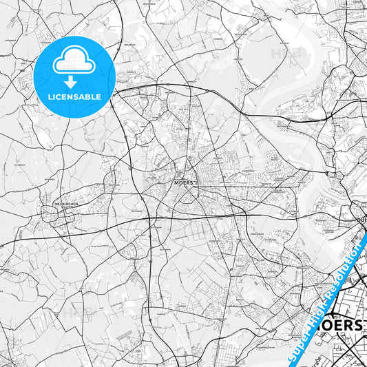 Moers, Germany light map with streetnames, citynames and districts